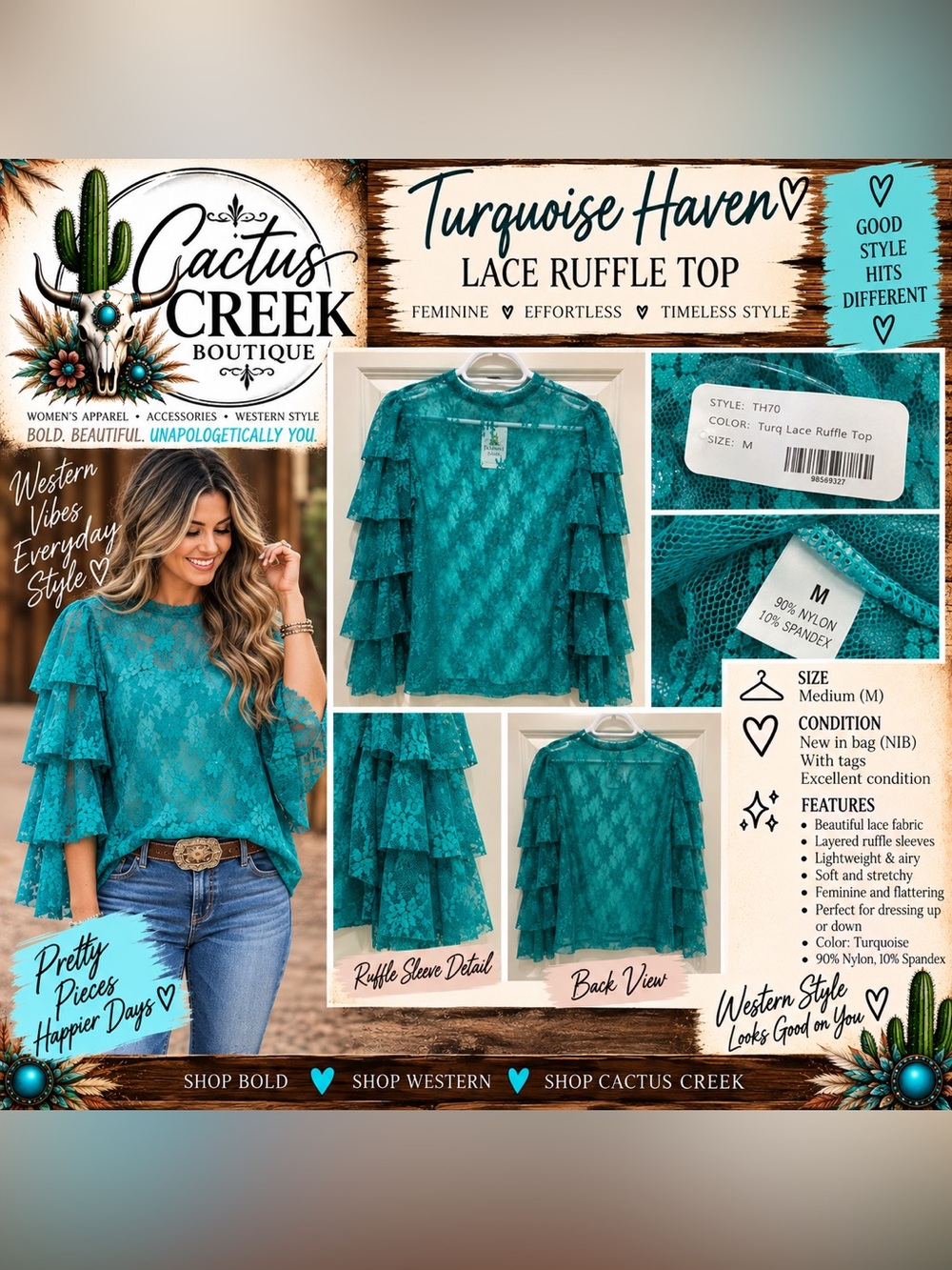 Turquiose Haven  Sheer Mesh Teal Layered Ruffle Sleeve Blouse  - Size M - NWT